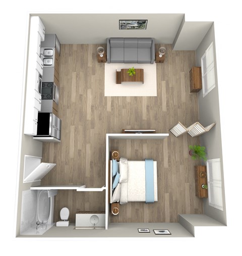 Floor plan for 1 bed, 1 bath, 605 sqft